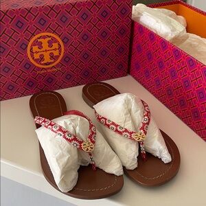 Tory Burch Red and White Floral Flip Flops Terra Thong Nantucket Red Patent